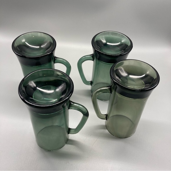 Mid Century Modern Glass set of 4 Beer Mug - Smoked Green Colored Barware EVC - Picture 4 of 6